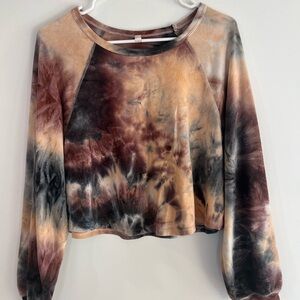 Tie-Dye Long Sleeve Crop Sweatshirt - Brown Multi